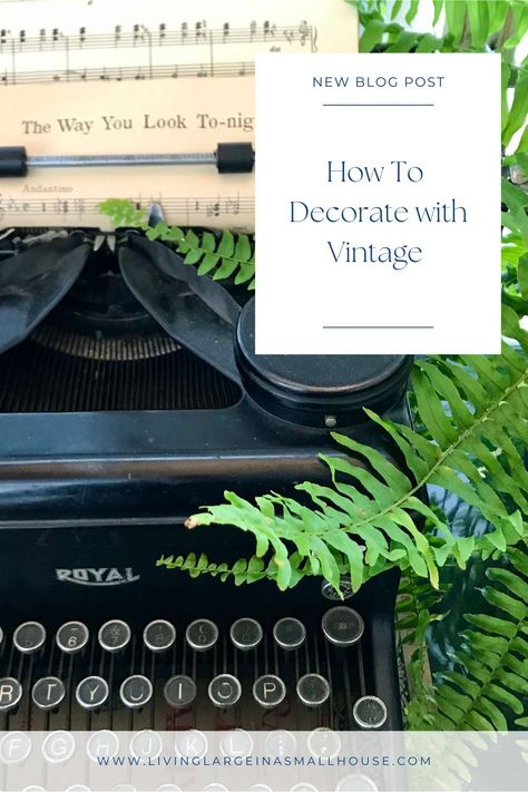 I love vintage and today I'm going to share with you how to decorate your living space with vintage decor. #vintage typewriter Decorating With Vintage Typewriters, Decorating With Old Typewriters, Vintage Typewriter Decor, Antique Typewriter Decor Display, How To Decorate With Antiques, Old Typewriter Decor, Typewriter Decor, Decorating With Vintage Items, Vignette Design