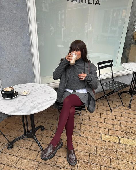 it wasn’t the best idea to pick an iced drink mid winter … | Instagram Knitted Tights Outfit, Argyle Tights Outfit, Teal Tights Outfit, Burgundy Socks Outfit, Dark Red Tights, Burgundy Mary Janes Outfit, Navy Tights Outfit, Green Tights Outfit, Purple Tights Outfit