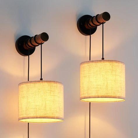 Wall Sconces Set of Two, Plug in Sconces Wall Lighting with Fabric Shade, click on link to purchase #promotion Rustic Wall Lights, Rustic Wall Lighting, Plug In Wall Lights, Bedside Wall Lamp, Vintage Light Fixtures, Wall Lamps Bedroom, Wall Mounted Lamps, Ceiling Fan In Kitchen, Modern Wall Lights