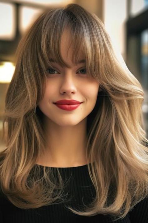 The long layers with side-swept bangs style of lock is also great for square-faced women. These long layers create movement and dimension, while side-swept bangs nicely shape your face. Click here to check out more flattering haircuts for square faces for a more feminine look. Short Hair On Square Face Shape, Long Hairstyles Square Face, Square Face Layered Haircut, Curtain Bangs Square Face Shape, Long Haircut For Square Face, Haircut For Square Face Shape For Women, Bangs For Square Face Shape, Curtain Bangs Square Face, Square Face Hair