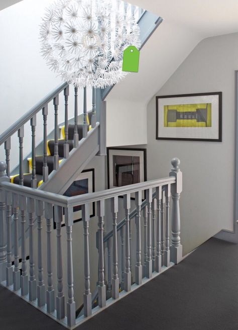 Grey painted bannister and ikea light Grey Painted Stairs, Painted Banister, Staircase Contemporary, Gray Stairs, Dublin House, Painted Staircases, Stair Banister, Contemporary Staircase, Staircase Remodel