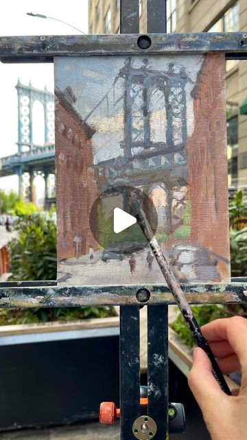 Clare Bowen Art - Plein Air on Instagram: "DUMBO view of Manhattan Bridge, New York! Step by step oil painting process on a small board 7x9” with a Tip on carrying a wet painting home! Hope it’s helpful ❤️🤍💙
Available 
Oil on linen 18x24cm (7x9”)
*
*
#dumbobrooklyn #dumboview #arttips #manhattenbridge #brooklyn #newyorkcitypainting #newyorkpainting #empirestatebuilding #allaprima #impressionism #impressionistart #pleinairmag #artvideo #arttutorial #oilsketch #pleinair #pleinairartist #pleinairpainter #oilpainting #brooklynpainting #americanimpressionism #plein_air_painting #pleinairpainting #clarebowenartistusa 
@rosemarybrushes" Oil Painting Process, Wet Painting, Clare Bowen, New York Painting, American Impressionism, Painting Pictures, Manhattan Bridge, Air Painting, City Painting