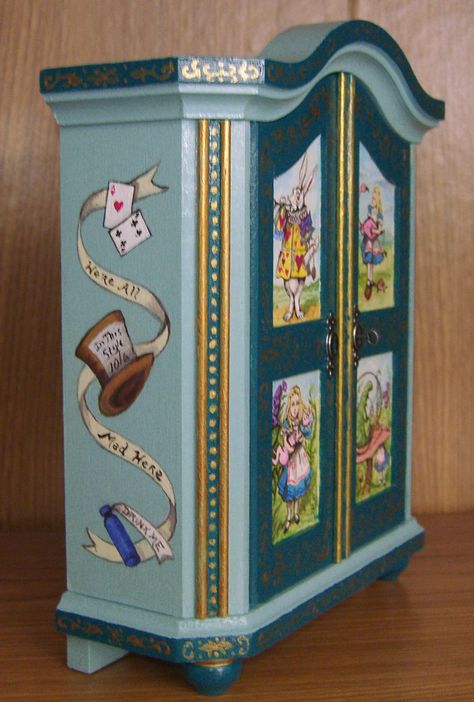 Alice in Wonderland themed  ArmoireLeft Side. Dollhouse Armoire, Alice In Wonderland Bedroom, Wonderland Nursery, Alice In Wonderland Room, Jewelry Box Makeover, Armoire Wardrobe, Alice Wonderland, Jewelry Box Diy, Alice In Wonderland Party