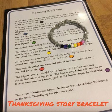 I have really enjoyed making these story bracelets today and they were a huge hit :) The idea is that you make a bracelet and for each section of the story you add a bead to act as a reminder to th… Thanksgiving Bracelet Story, Thanksgiving Bead Bracelet, Thanksgiving Story Bracelet, Thanksgiving Bracelet, Thanksgiving Party Food, Thanksgiving Story, The First Thanksgiving, Thanksgiving History, Thanksgiving Lessons