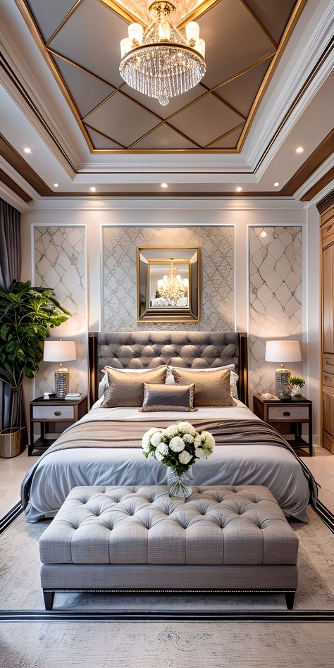 Luxury Master Bedrooms Decor Classy, Piopi Designs For Bedroom, Elegant Bedroom Ideas Luxury Master Suite Interior Design, Tray Ceiling Ideas Master Suite, Hotel Room Design Luxury Modern, Modern Victorian Bedroom Ideas, Luxury Hotel Room Bedroom Suites, Rich Bedroom Luxury, Royal Luxury Bedroom Design