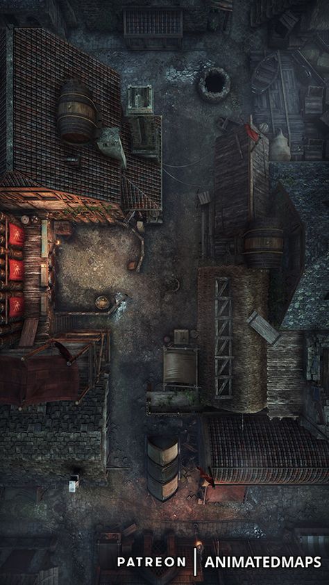 #animatedmaps #animateddungeonmaps #dnd #fantasy #dungeonsanddragons #animated #battlemap #back #backstreet #house #docks #warehouse #town #street #fight #ring #arena #fighting #pit #night Dnd Street Map, City Street Battle Map Dnd, Dnd Street Battle Map, Arena Battlemap, Urban Battle Map, Dnd Slums Map, Dnd Warehouse Map, Apocalypse Landscape, Design Dragon