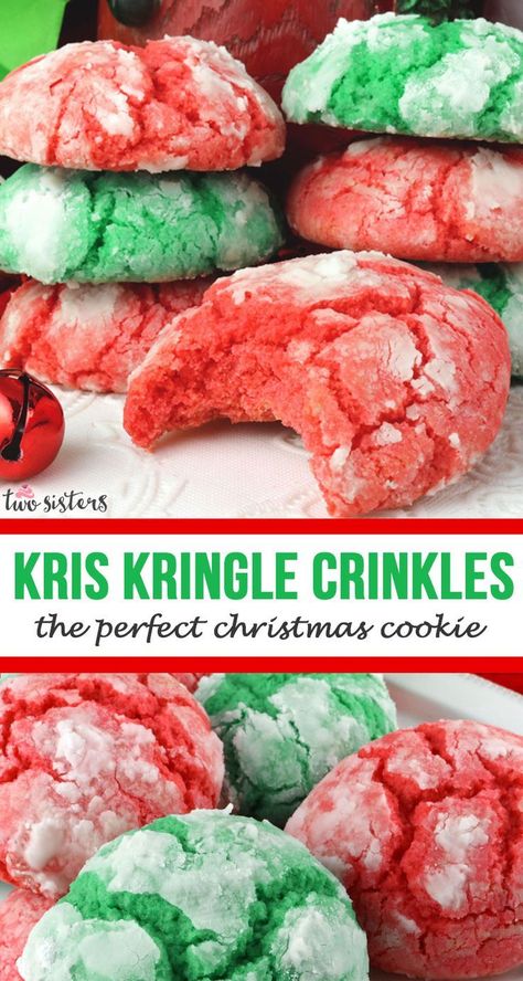 Kris Kringle Crinkles - the perfect Christmas Cookie!  A yummy red and green homemade Crinkle Christmas Cookies recipe that is not made from a cake mix? Yes, please! This classic Christmas cookie recipe is a keeper. #ChristmasCookies #ChristmasCookie #ChristmasCookieRecipe #ChristmasCookieExchange Christmas Cookies Recipe, Crinkle Cookies Recipe, Christmas Cookie Recipe, Christmas Cookie Exchange, Chocolate Cookie Recipes, Kris Kringle, Crinkle Cookies, Xmas Cookies, The Perfect Christmas