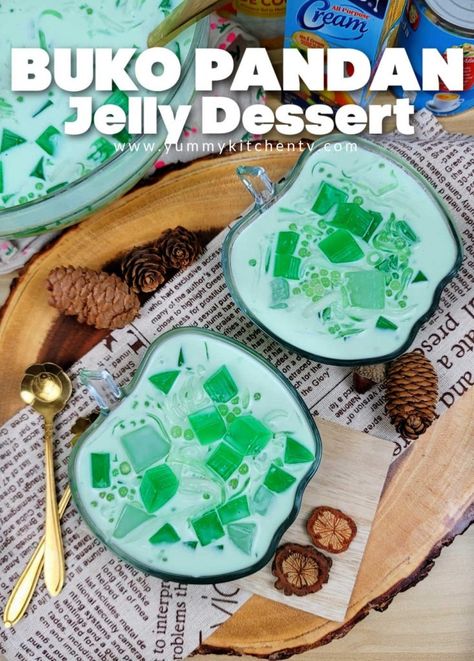 Buko Pandan Jelly Dessert - Yummy Kitchen Pandan Jelly Dessert, Buko Juice, Pandan Jelly, Buko Pandan, Vegan Vegetable Recipes, Coconut Grater, Tapioca Pearl, Jello Dessert, Yummy Kitchen