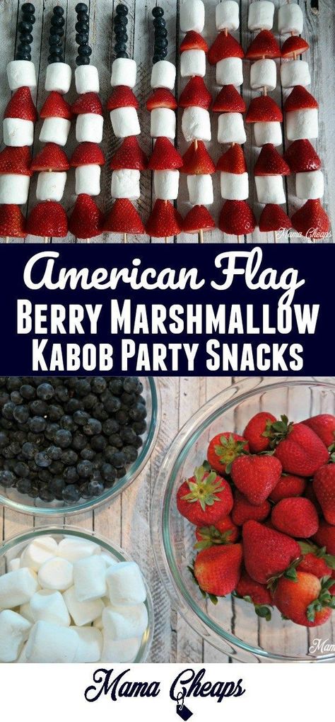 American Flag Berry Marshmallow Kabobs Party Snack #mamacheaps #4thofjuly #dessert Olympic Desserts, Marshmallow Kabobs, Olympic Party Food, Olympic Snacks, Blue Party Foods, Olympic Food, Snack Man, 4th July Food, Theme Snack