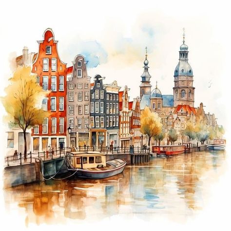 Europe Watercolor Painting, Amsterdam Watercolor Painting, Netherlands Watercolor, Watercolor Amsterdam, Amsterdam Watercolor, Town Drawing, Narrow Houses, Amsterdam Houses, Watercolor Art Landscape