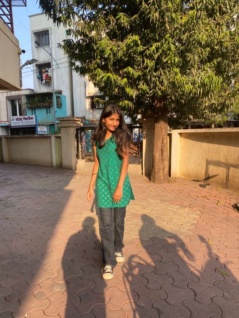 Wide Leg Jeans Aesthetic, Kurti With Jeans, Jeans Aesthetic, Nail Paint Shades, Desi Vibes, Aesthetic Poses, Cute Couple Outfits, Portrait Photography Poses, Basic Fits