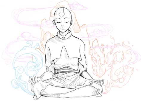 Meditating Reference Pose, Meditating Drawing Reference, Meditate Pose Reference, Meditation Pose Drawing Reference, Meditation Drawing Sketch, Aang Meditating, Meditation Pose Drawing, Monk Tattoo, Meditation Tattoo