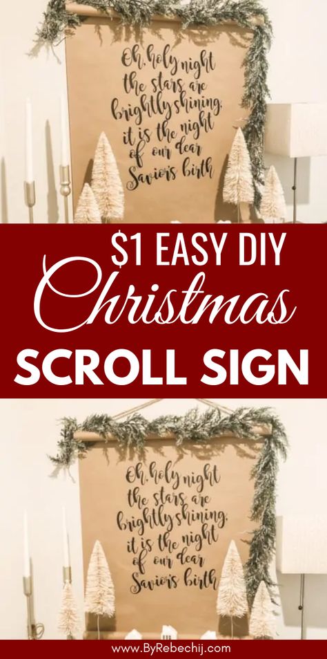 Kraft Paper Roll On Wall Diy, Kraft Paper Scroll, Diy Christmas Scroll Sign, Cricut Christmas Wall Decor, Diy Paper Scroll Wall Hanging, Paper Scroll Wall Decor, Diy Holiday Wall Decor, Christmas Wall Decor Diy Paper, Craft Paper Roll On Wall