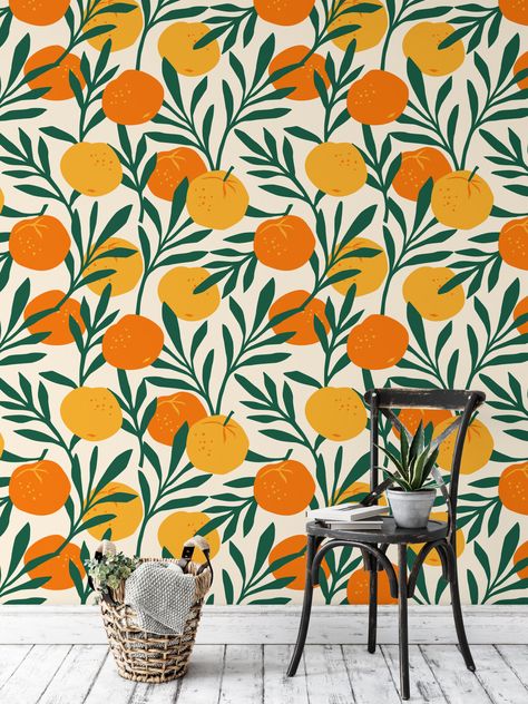 Flat Art Oranges Pattern Illustration Wallpaper, Lively Green Leaves with Citrus Peel & Stick Wall Mural Wall Clings, Wall Mural Decals, Orange Wallpaper, Orange Pattern, Yellow Wallpaper, High Quality Wallpapers, Renter Friendly, Old Wallpaper, Retro Decor