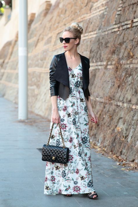 Transitional Maxi: floral print maxi dress, cropped leather jacket, Chanel medium classic flap bag black lambskin and gold hardware, lace-up leather sandals, leather jacket with maxi dress for fall Maxi Dress With Jacket, Floral Leather Jacket, Neon Prom Dresses, Leather Jacket Dress, Below The Knee Dresses, Dress With Jacket, Maxi Dress Outfit, Grunge Dress, Floral Dress Casual