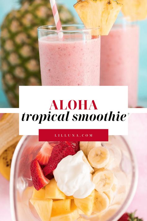 This easy one minute Aloha Tropical Smoothie has just 6 simple ingredients with tropical goodness in every sip! #alohatropicalsmoothie #tropicalsmoothie #strawberrypineapplesmoothie #fruitsmoothie #smoothie Strawberry Pineapple Smoothie, Tropical Fruit Smoothie, Pineapple Banana Smoothie, Tropical Smoothie Recipes, Smoothie Recipes Strawberry, Fruit Smoothie Recipes Healthy, Banana Drinks, Smoothie Recipes Healthy Breakfast, Drink Recipes Nonalcoholic