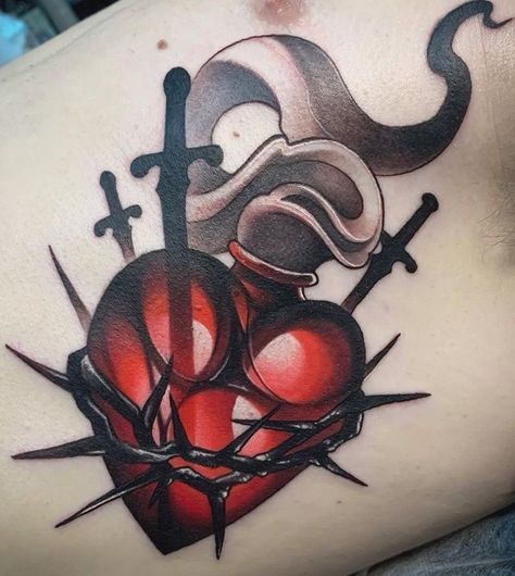 Horror Tattoo Ideas, Traditional Heart Tattoos, Learn To Tattoo, Sacred Heart Tattoos, American Traditional Tattoo Ideas, Traditional Tattoo Ideas, Dot Tattoos, Jesus Tattoo, Religious Tattoos