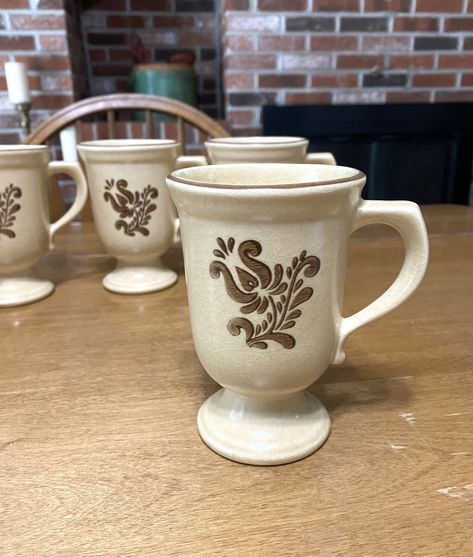 Vintage Pfaltzgraff Village Grand Mugs Set of Five Footed Pedestal Mugs in Neutral Shades of Beige and Brown Stoneware Mugs Coffee And Conversation, Pfaltzgraff Village, Vintage Teapots, Neutral Shades, Teapots And Cups, Tea Pots Vintage, Shades Of Beige, Stoneware Mugs, Mugs Set