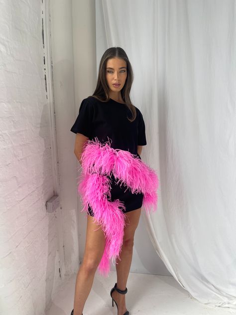 Twenty Fall Black and Hot Pink Feather Trim T Shirt and Skirt Co Ord Set Mini Skirt With Feather Trim For Night Out, Hot Pink Feather Skirt, Spring Feather Trim Fitted Mini Skirt, Fitted Feather Trim Mini Skirt, Skirt Co Ord Set, Black Feather Mini Skirt, Black And Hot Pink, Shirt And Skirt, Feather Trim