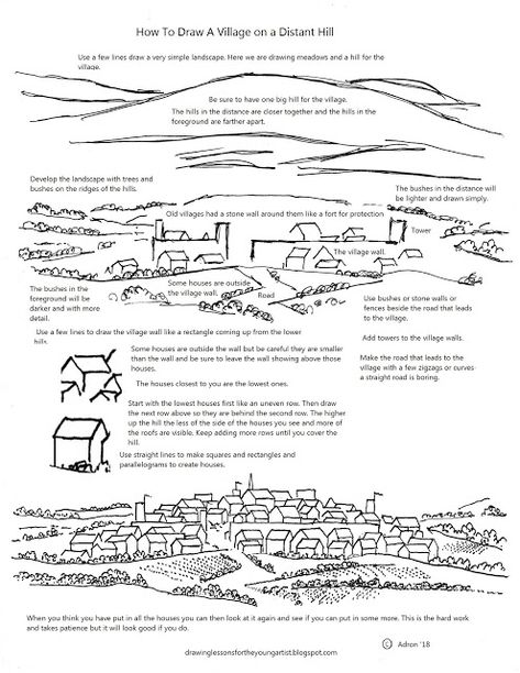 Printable How To Draw A Country Village On A HIll worksheet. Hundreds of worksheets at the blog.https://drawinglessonsfortheyoungartist.blogspot.com Foreground Middleground Background, Landscape Drawing Tutorial, Village Drawing, Background Drawing, Landscape Drawings, Urban Sketching, Drawing Lessons, Drawing Tips, Young Artist