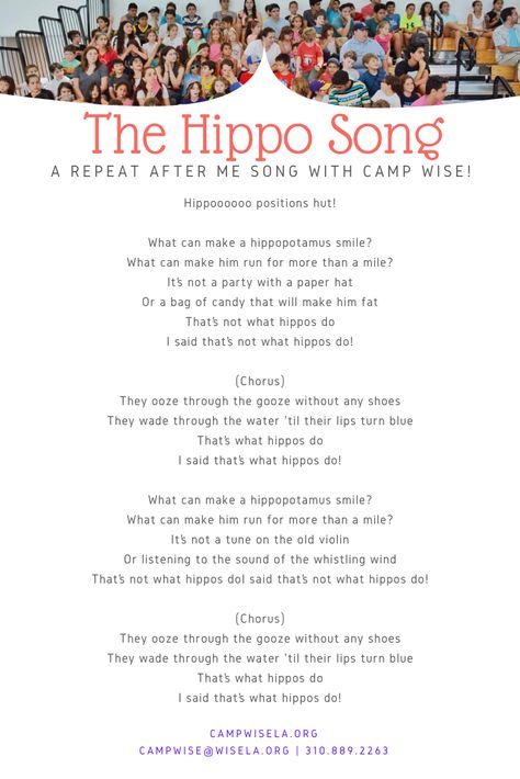 Hippo Songs Preschool, Camp Songs For Kids Repeat After Me, Camp Songs Repeat After Me, Camp Songs For Kids, Summer Camp Songs, Girl Scout Camp Songs, Repeat After Me Songs, Homemade Games, Girl Scout Songs