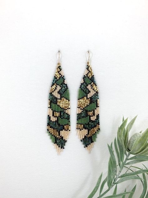 Green and Gold Beaded Earrings Boho Seed Bead Earrings | Etsy Gold Beaded Earrings, Yoga Earrings, Shoulder Duster Earrings, Gold Bead Earrings, Beaded Earrings Tutorials, Seed Bead Tutorial, Beaded Earrings Patterns, Opal Earrings Stud, Snake Earrings