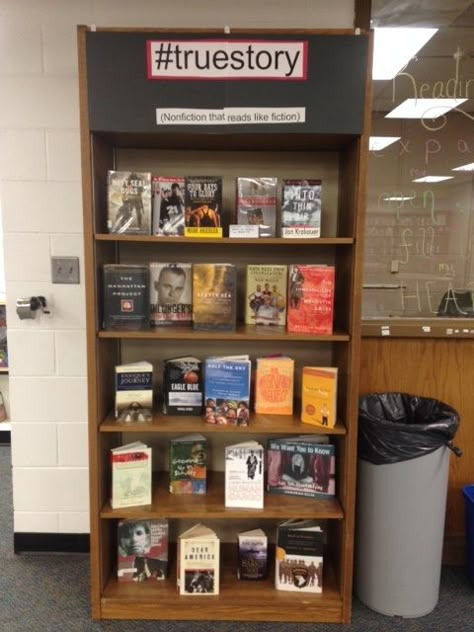 Nonfiction #truestory display for high school library. Non-fiction that reads like fiction High School Library Book Display Ideas, Nonfiction Library Displays, High School Library Book Displays, New Books Display Library, Secondary School Library Displays, Non Fiction Library Displays, Library Book Display Ideas, High School Library Displays, Library Displays School