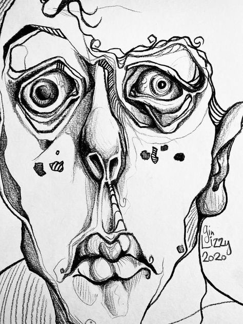 Easy Self Portrait Drawing, Frustration Drawing, Weird Face Drawing, Crazy Face Drawing, Weird Faces Drawing, Character Design Styles, Weird Art Drawings, Distortion Art Drawing, Bold Drawings