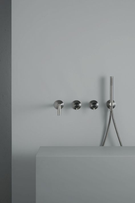 13 69 | SOURCE | Quadro Design | Wall mounted mixer set with spout and stainless steel hand shower kit. Shower Kit, Sanitary Ware, Bath Taps, Saratoga Springs, Sink Taps, Design Bathroom, Bathroom Products, Design Wall, Brushed Stainless Steel