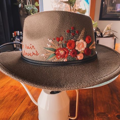 Ready to Ship/ Hand embroidered/ belted fedora/ hat/ embroidered hat/ floral hat/ green hat/ no rain no flowers/ wildflowers Hand Embroidery On Hats, Sneaker Embroidery, Decorated Hats, Hat Burning, Womens Hats, Embroidered Belt, Heck Yeah, No Rain No Flowers, Floral Hat