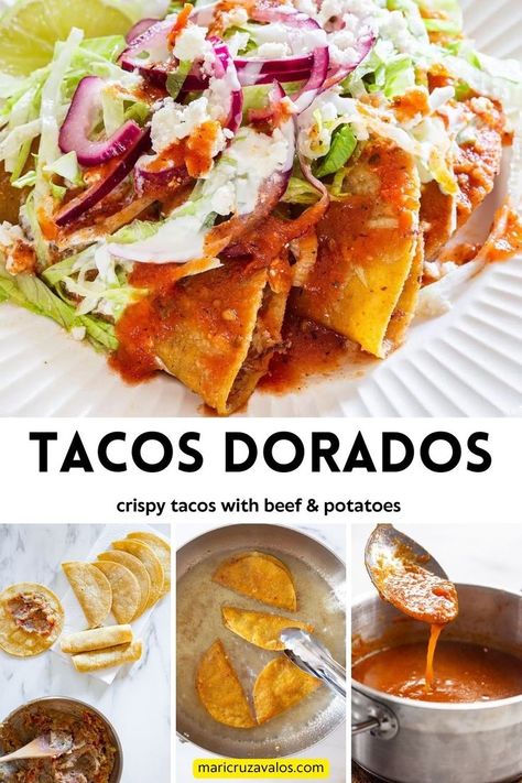 A collage with 4 photos of tacos dorados cooking process and with text overlay. Mexikansk Mat, Potato Filling, Tacos Dorados, Crispy Tacos, Fried Tortillas, Mexican Dish, Mexican Dinner Recipes, Happy Cooking, Tacos And Burritos