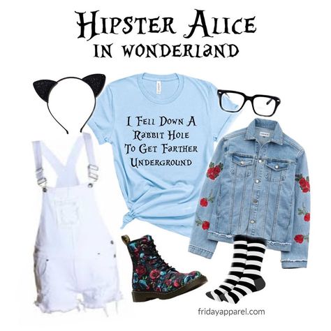 Alice In Wonderland Disneybound Men, Casual Alice In Wonderland Outfits, Hipster Ariel Costume, Hipster Disney Princess, Alice In Wonderland Hoodie, Loungefly Alice In Wonderland, Disney Princess Halloween Costumes, Hipster Disney, Alice In Wonderland Shirts