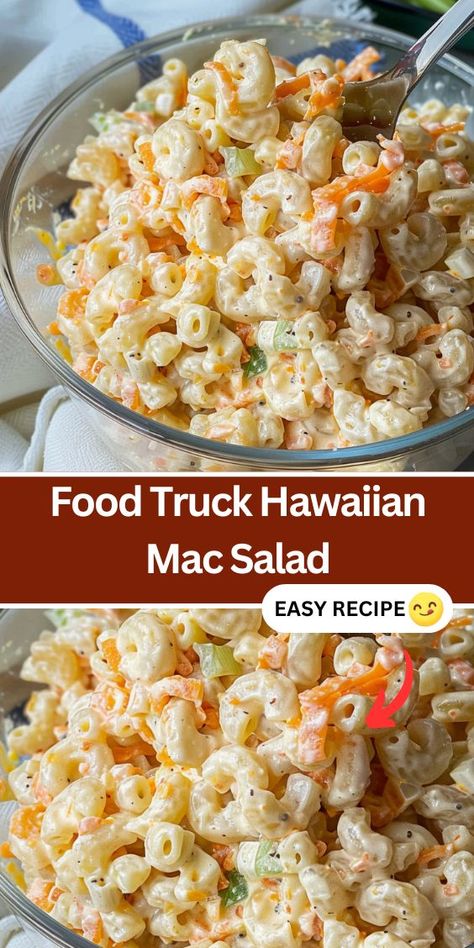 Discover the ultimate taste of Hawaii with our Food Truck Hawaiian Mac Salad recipe! This creamy and tangy salad features tender elbow macaroni tossed in a flavorful dressing made with half and half, mayonnaise, and grated onion. Topped with crunchy grated carrots and diced celery, it's a refreshing and satisfying dish perfect for potlucks, picnics, or any occasion. Hawaii Macaroni Salad Recipes, Hawaii Macaroni Salad, Mac Salad Recipe Hawaiian, Best Mac Salad Recipe, Macaroni Salad Hawaiian, Hawaiian Mac Salad Recipe, Hawaiian Food Truck, Macaroni Salad Recipes, Healthy Macaroni Salad