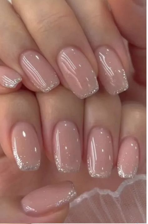 Classy Clear Nails, Classy Wedding Nails Bridesmaid, Classy Sparkly Nails, Short Acrylic Glitter Nails, Nails To Go With Sparkly Pink Dress, Wedding Nails Shimmer, Subtle Pink Sparkle Nails, Light Pink Nails With Shimmer, Sparkly Wedding Nails