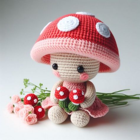 Cute Mushroom Crochet, Crochet Mushroom Pattern Free, Knitted Mushroom, Crocheted Mushroom, Crochet Mushrooms, Mushroom Doll, Crochet Doll Tutorial, Crochet Mushroom, Quick Crochet Patterns