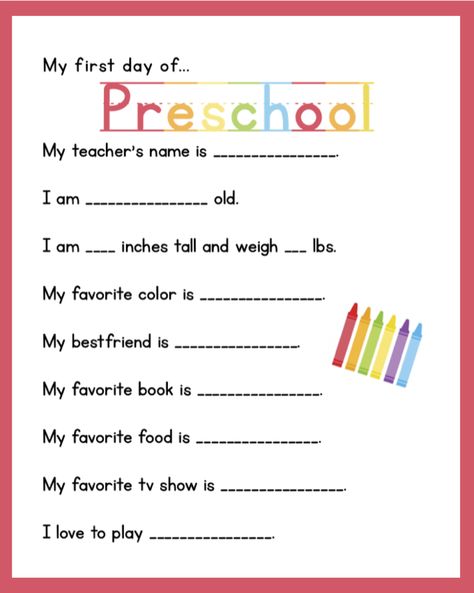 My First Day Of Preschool, Preschool Memory Book, September Preschool, Preschool First Day, First Day Of Preschool, Worksheets Kindergarten, Preschool Class, Kindergarten First Day, Preschool Printable