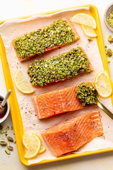 Pistachio Pesto Salmon, Salmon With Pistachio Crust, Pistachio Salmon, Crusted Salmon Recipes, Pistachio Crusted Salmon, Foil Pack Meals, Recipes Fish, Feta Cheese Salad, Healthy Salmon Recipes