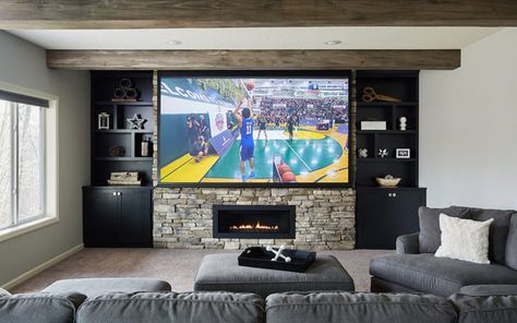 22 Modern Home Theater Design Ideas | TV Accent Walls and More Theatre Decor, Home Theatre Design, Fireplace Accent Walls, Fireplace Feature Wall, Wood Feature Wall, Fireplace Seating, Feature Wall Design, Home Cinema Room, Fireplace Tv Wall