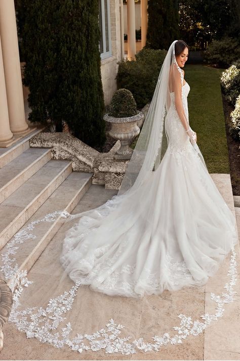 Floral Lace Wedding Dress, Sophia Tolli, Tulle Veil, Wedding Veil Accessories, Tulle Veils, Wedding Dress With Veil, Wedding Gowns Mermaid, Dream Wedding Ideas Dresses, Lace Veils