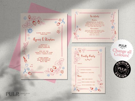 "This digital download wedding invite suite  is pretty and romantic in style featuring our hand drawn floral strawberry scribble illustrations and a hand written font which gives a fun, whimsical feel. All colors can be edited to match your event. Find the matching designs here: https://www.etsy.com/uk/shop/PulpTemplatesCompany?ref=profile_header&search_query=0048 BUNDLE PROMO Create your own custom bundle by adding 3 or more Pulp Template designs in your cart and at checkout use the promo code \"BUNDLE\" to receive an extra 25% off TRY THE DEMO Try the Demo at Corjl, copy and paste link into your browser: https://www.corjl.com/d/1A5AC0 Please note: Desktop editing is recommended! Mobile and Tablet editing is limited. WHAT YOU RECEIVE You will receive your template in two sizes to cover US Doodle Illustrations, Invitation Business, Invite Suite, Cabin Wedding, Floral Doodle, Place Card Template, Carton Invitation, Drawn Floral, Profile Header