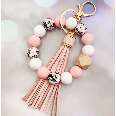 Elevate Your Key Game With Our Stunning Pink, White, And Gold Heart Silicone Beaded Bracelet Keychain. This Versatile Accessory Is Not Just A Key Holder But Also A Stylish Bracelet That Adds A Touch Of Elegance To Your Everyday Look. Made From High-Quality Silicone Beads, This Keychain Is Durable And Lightweight, Making It Perfect For Everyday Use. The Keychain Features A Lovely Combination Of Pink, White, And Gold Beads In The Shape Of Hearts, Adding A Pop Of Color To Your Keys. The Adjustable Christmas Beaded Keychain, Silicone Bead Keychain, Pink Keychain, Handmade Keychains, Bracelet Keychain, Bead Projects, Diy Bracelet Designs, Christmas Bead, Bead Ideas