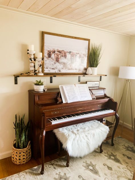 Small Sitting Room With Piano, Shelf Over Piano, Pianos In Small Spaces, Shelving Around Piano, Shelf Above Piano, Shelves Above Piano, Piano Top Decor Ideas, Tv Above Piano, Top Of Piano Decor