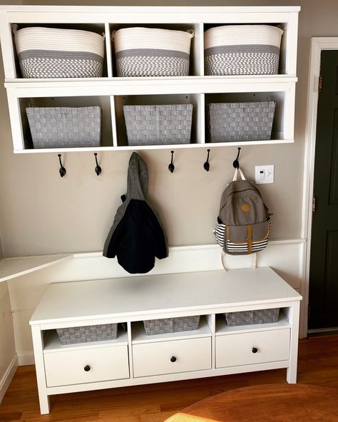 Used the Ikea hemnes collection to create a mudroom space in my kitchen. Ikea Mudroom Hack, Mudroom Hack, Ikea Sektion Kitchen, Ikea Mudroom, Ikea Sektion, Sektion Kitchen, Mudroom Bench Seat, Mudroom Lockers, Diy Mudroom Bench