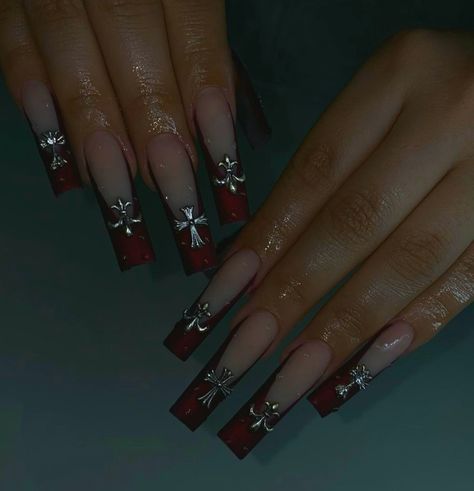 Y2k Dark Red Nails, Red Nails With Cross Charm, Dark Red Nails With Charms, Red Vivienne Westwood Nails, Cross Charm Nails, Dark Red Nails Acrylic, Vivienne Westwood Nails, Westwood Nails, Wet Nails