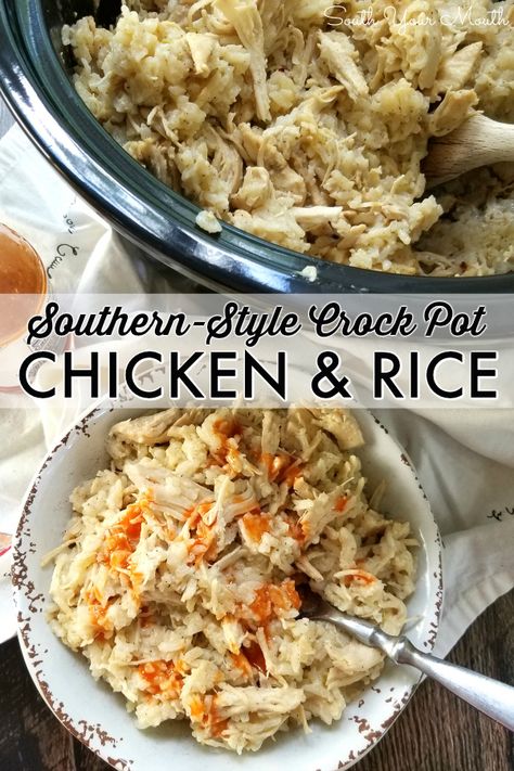 Southern Style Crock Pot Chicken & Rice! An easy slow cooker recipe for a Carolina favorite made with tender stewed chicken and long grain rice. No precooking the chicken and no instant rice – everything cooks in the crock pot! #slowcooker #crockpot #chicken #rice #southern Rice In Crockpot Cooking, Chicken And Rice Crockpot Recipes Easy, Cooking Rice In Crockpot, Chicken And Rice In Crockpot, Chicken Rice Crockpot Recipes, Crockpot Rice Recipes, Chicken And Rice Crockpot, Stewed Chicken, Crockpot Recipes Beef Stew