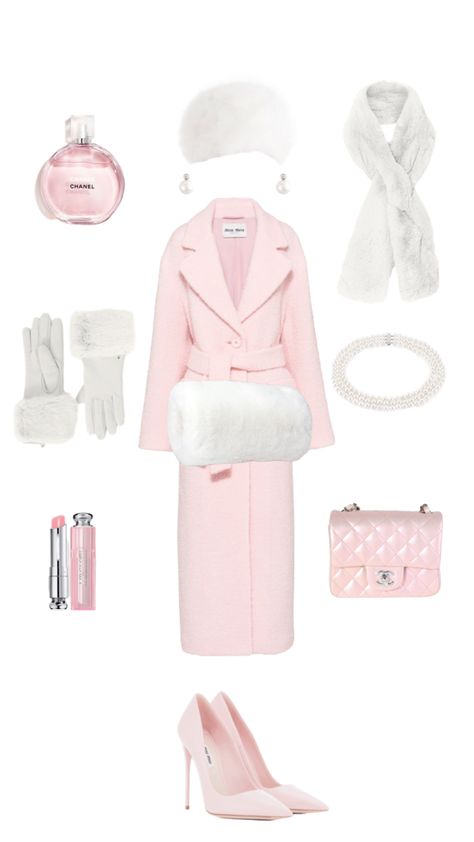 #chanel #winter #outfitinspo Chanel Outfit Winter, Hyperfeminine Outfit Winter, Girly Winter Outfits Pink, Barbie Winter Outfits, Chanel Winter Outfits, Chanel Oberlin Outfit, Fashion Outfits Girly, Pink Christmas Outfits, Pink Christmas Outfit