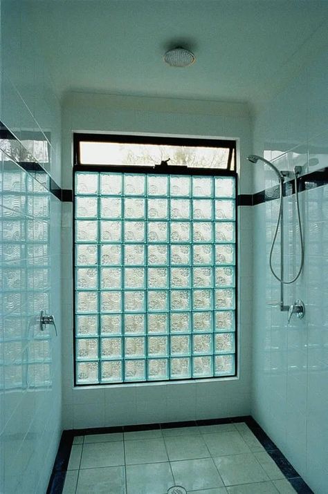 Glass Block Shower Window, Minimalist Wood Furniture, Lake Front House Plans, Glass Block Shower, Glass Tile Bathroom, Glass Block Windows, Green Tile Bathroom, Ada Bathroom, Storybook House