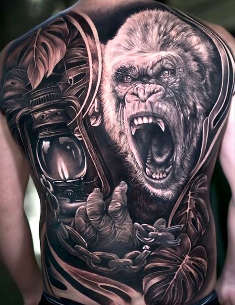 Gorilla Back Tattoo, Gorilla Tattoo Design, Mid Fade Haircut, Gay Tattoo, Gorilla Tattoo, Lion Head Tattoos, Full Back Tattoos, Back Tattoos For Guys, Back Tattoos