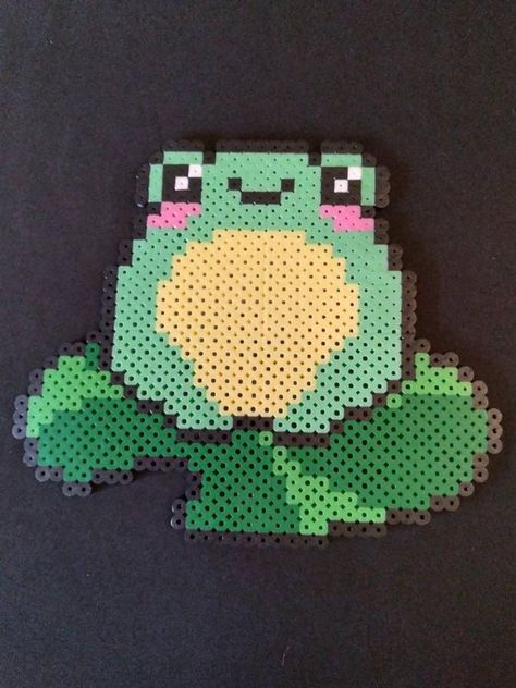 Cute Frog Pixel Art, Perler Accessories, Frog Pixel Art, Frog On Lilypad, Bead Wall, Rave Aesthetic, Melt Beads Patterns, Hamma Beads Ideas, Easy Perler Bead Patterns