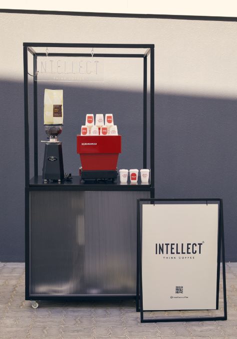 Coffee kiosk by Intellect Coffee in Al Quoz, Dubai, UAE with La Marzocco Linea Mini Cafe Kiosk Design Coffee Shop, Mini Kiosk Design Ideas, Coffee Cart Decor, Coffee Pop Up Booth, Food Pop Up Booth, Coffee Shop Pop Up, Cafe Pop Up, Pop Up Coffee Bar, Coffee Booth Design